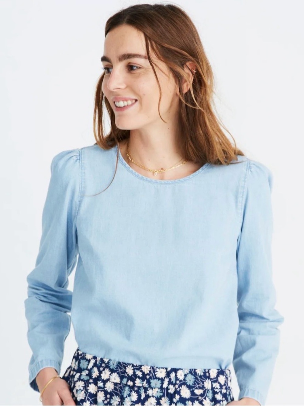 Madewell Light Wash Chambray Denim Puff-Sleeve Swing Shirt Tie Back Size Small